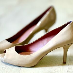 Vince Camuto Glossy Beige Peep-Toe Heels